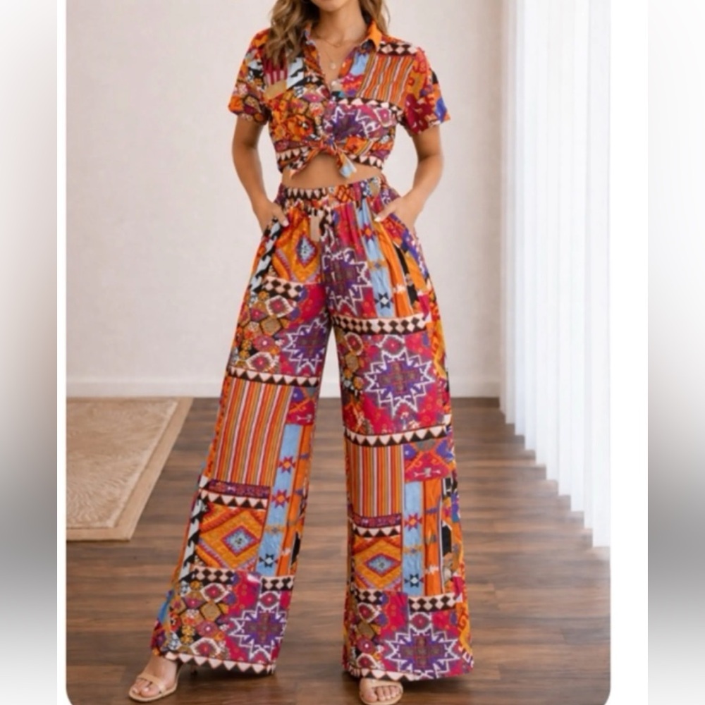 New Colorful Patchwork Wide-Leg Pants — Multicolor Boho Print size S